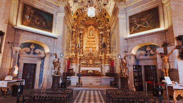 Interior of the Igreja do Bom Jesus da Cruz Church reveals octagonal nave patterned azulejo walls reflecting baroque devotion in Barcelos, Braga, Portugal
