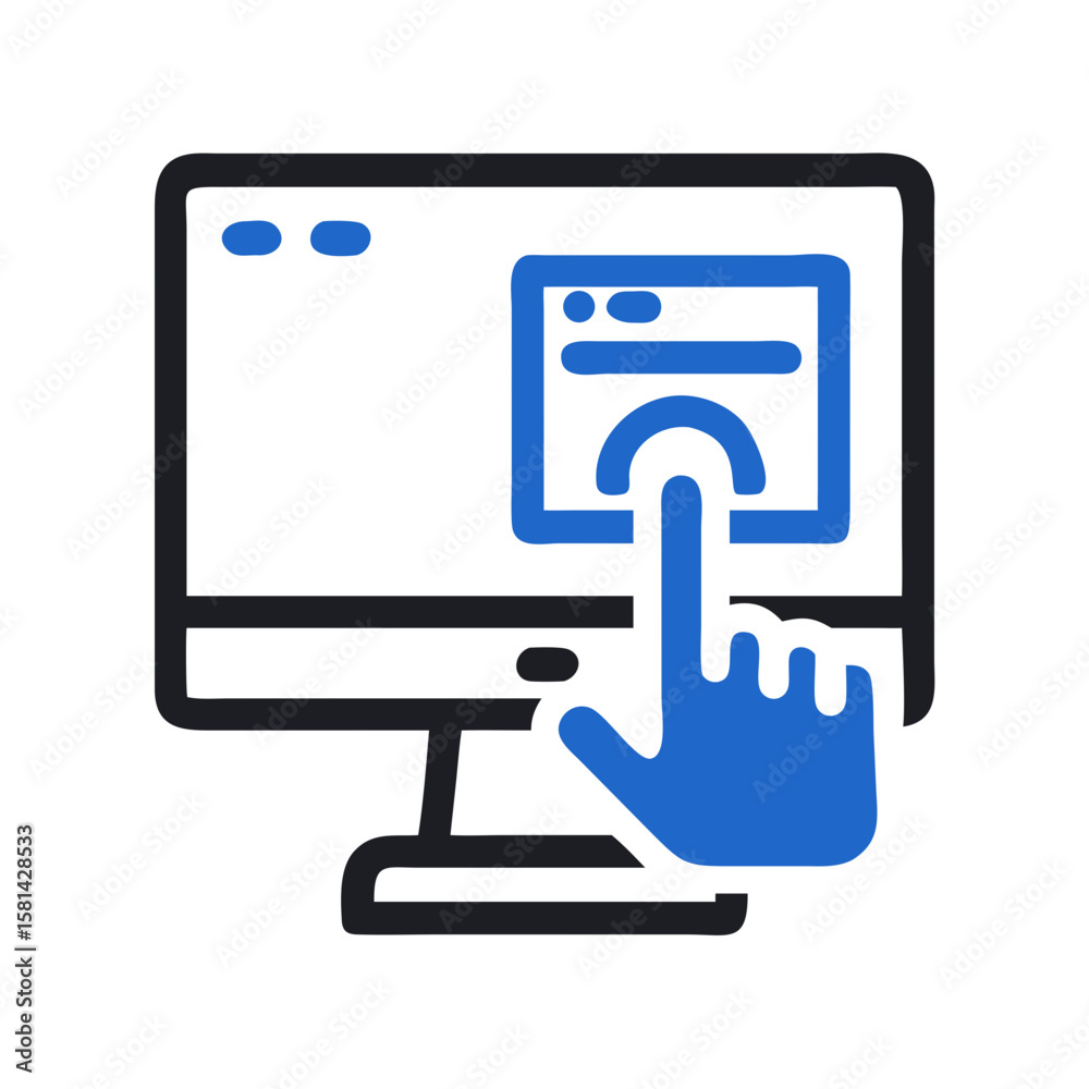 Poster computer interaction icon: hand touching website element on a monitor screen