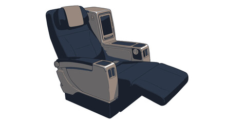 Luxurious First-Class Airplane Seat with Extended Leg Rest and Entertainment System.