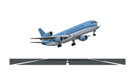 Fototapeta premium Blue and White Commercial Airplane Taking Off from Runway.
