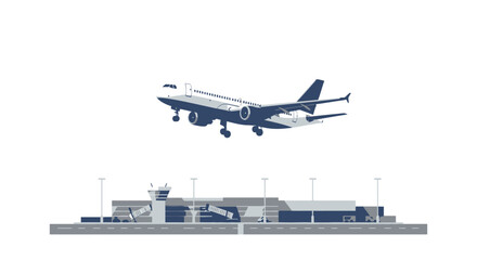 Airplane Taking Off from Airport Terminal Vector Illustration Blue and White.