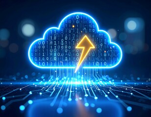Cloud computing with glowing binary code and circuit board