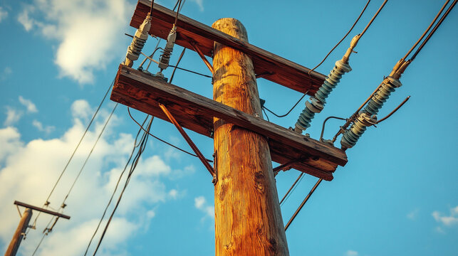 Weathered wooden utility pole with rusted metal hardware and power lines stretching across a muted sky. Vintage, industrial, and nostalgic feel. Vertical composition with caption space on the side.

