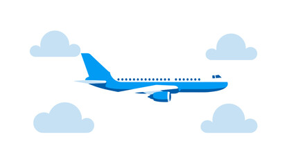 Blue and White Airplane Illustration with Clouds Flat Design Style.