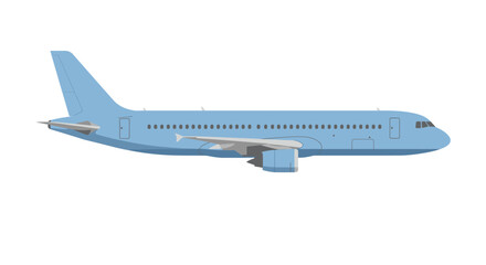 Light Blue Passenger Airplane with Gray Wings and Tail Fins Side View.