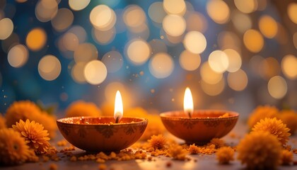 Festive Diwali diya lamps with marigold flowers and bokeh lights in background