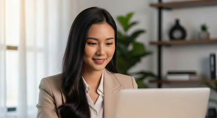 Close-Up of Asian Female Professional Smiling at Laptop