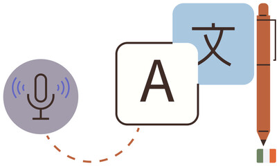 Microphone icon, language symbols, and pen illustrating translation, transcription, and multilingual communication. Ideal for education, learning, technology, AI communication language tools