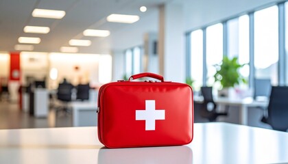 First aid kit in office, symbolizing workplace safety, health, and emergency preparedness