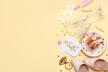 Speech bubble with word SELFIE and decor for Hen Party on beige background