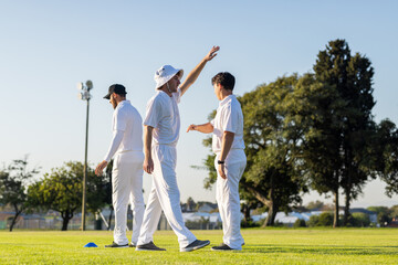 Diverse male cricket teammates celebrating victory on grass field with blue cone and floodlight