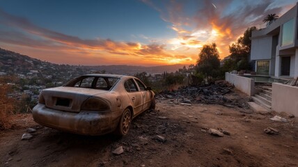 Burnt vehicle stands amidst destruction, as sunset paints the sky in fiery hues.