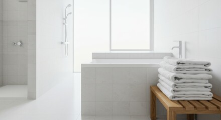 Fototapeta premium Clean modern bathroom with stacked white towels on wooden bench