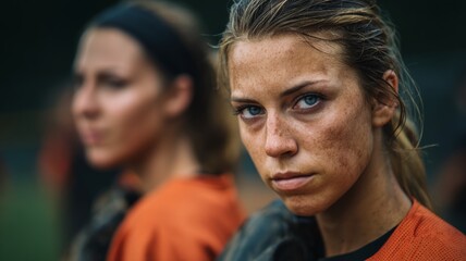 Obraz premium Determined athlete looks directly at camera after competition, dirt on face.