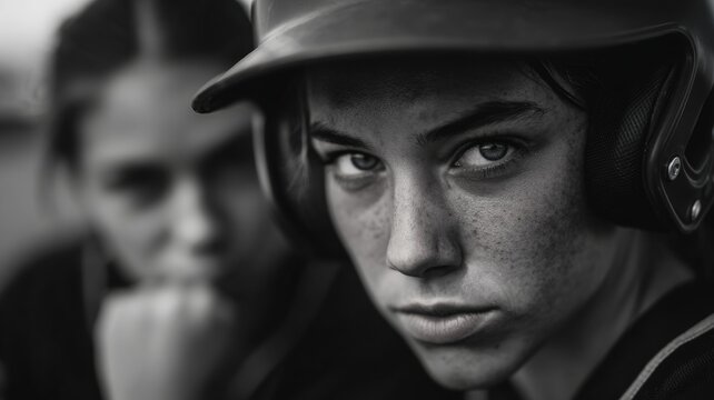Intense portrait of a baseball player in a helmet, focusing on her determined gaze. - Powered by Adobe