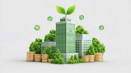 Investment Concept for Sustainable Economic Growth. A green city concept with buildings surrounded by trees, growing coins, and a sprout on top symbolizing eco-friendly investment.
