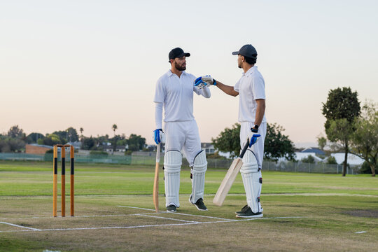 Diverse male teammates in cricket attire exchanging water bottle, holding bats near stumps on pitch