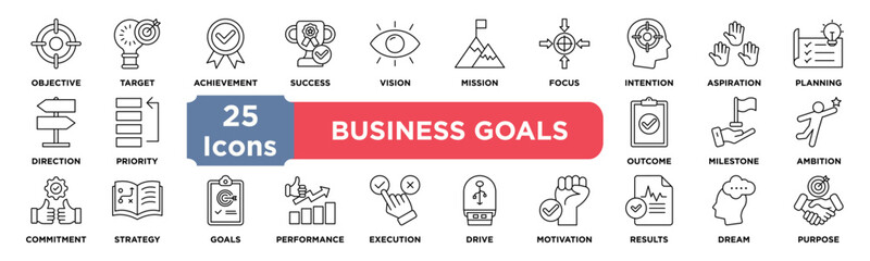 business goals icon collection set. Containing objective,target,achievement,success,vision,mission,focus,intention,aspiration,planning icon. Simple line vector.