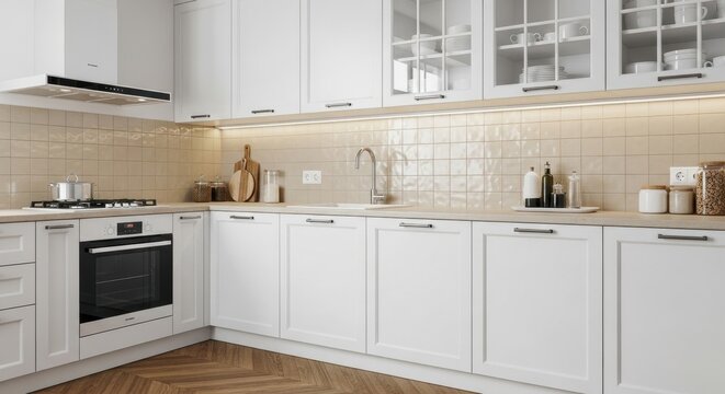 Pristine White Kitchen with Beige Tiles and Modern Appliances