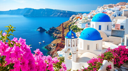 Panoramic view of Santorini, Greece, featuring whitewashed buildings of Fira and Oia perched on volcanic cliffs. Aegean Sea glistens below. Ideal for travel backgrounds with soft blur and warm tones.
