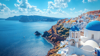 Panoramic view of Santorini, Greece, featuring whitewashed buildings of Fira and Oia perched on volcanic cliffs. Aegean Sea glistens below. Ideal for travel backgrounds with soft blur and warm tones.
