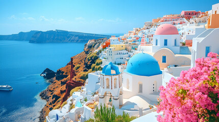Panoramic view of Santorini, Greece, featuring whitewashed buildings of Fira and Oia perched on volcanic cliffs. Aegean Sea glistens below. Ideal for travel backgrounds with soft blur and warm tones.
