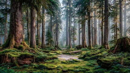 Obraz premium Forest Trail with Moss and Tall Trees