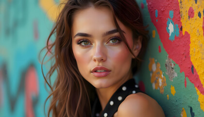 Beautiful Woman with Green Eyes Against Colorful Graffiti Wall