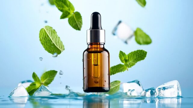 Refreshing Mint Essential Oil Bottle in Water Splash