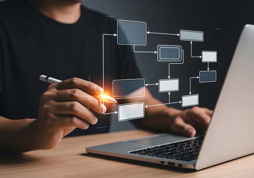 Hand drawing flowchart on laptop screen, indicating workflow, process management. Highlights planning, strategic development. Useful for business presentations, project management. - Powered by Adobe