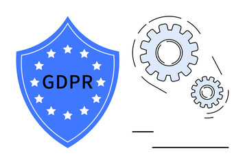 Blue GDPR shield with white stars alongside interlocking gears representing data regulation, protection, and system processes. Ideal for privacy, automation, security, compliance, technology