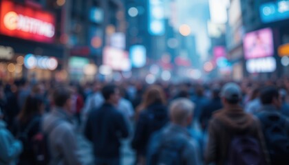 Blurry City Night, Anonymous Crowd, Urban Streetscape