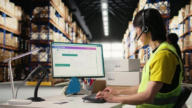 Call center employee assisting customers in a fulfillment center, handling inventory control and package tracking. Asian man resolving issues related to delivery delays or wrong addresses. Camera A.