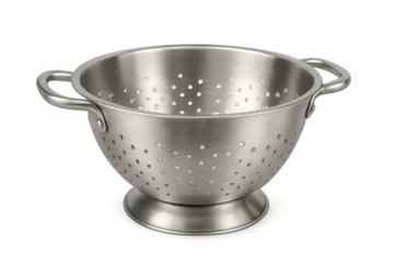 Chrome colander with handles and perforated holes for draining water from pasta or vegetables, isolated on transparent background