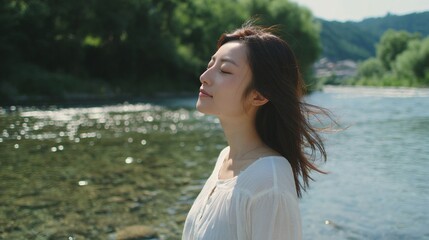Japanese Woman by Tranquil River/静かな川辺の日本人女性4