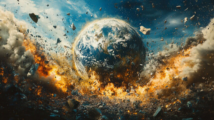 A dramatic depiction of the Earth shattered into fragments, symbolizing global chaos, division, and conflict. Dark tones and cracks emphasize instability, crisis, and a fractured world order.

