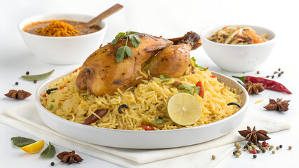 Spiced Rice with Whole Roasted Chicken Garnished with Herbs and Lemon, Served with Sides

