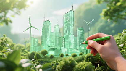 Sustainable Green City Concept with Wind Turbines and Eco Friendly Urban Planning in Nature