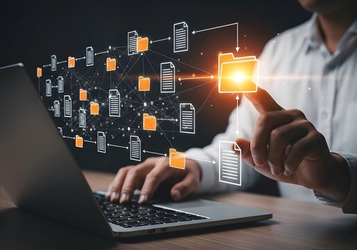 IT working on computer Business processes Document Management System DMS business processes and ensuring digital security. store, share, and organize documents and files.