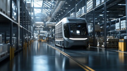 Obraz premium Autonomous Delivery Vehicle Navigating a Modern Warehouse Environment