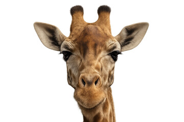 Naklejka premium Giraffe portrait revealing piercing eyes, textured skin, and distinctive markings against clean white backdrop