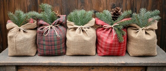 Christmas burlap bags with plaid and greenery