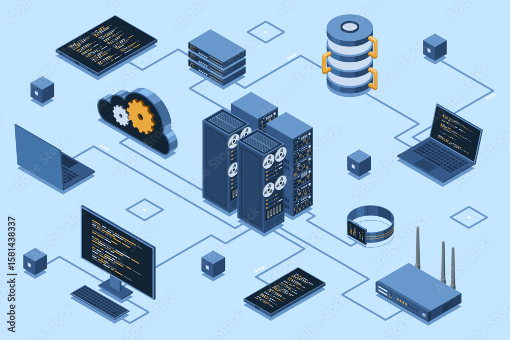 Poster isometric cloud technology with server. isometric server and hosting storage technology. web hosting