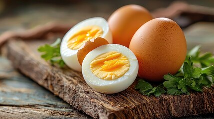 Whole Boiled Eggs Halved on Wooden Surface