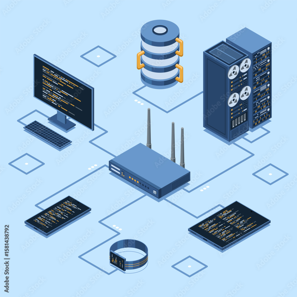Poster isometric network router. isometric network concept with router, computer, smartphone, and server co