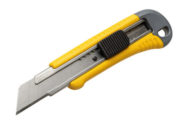 Yellow-grey utility knife with razor-sharp blade, positioned for precise cutting against transparent background