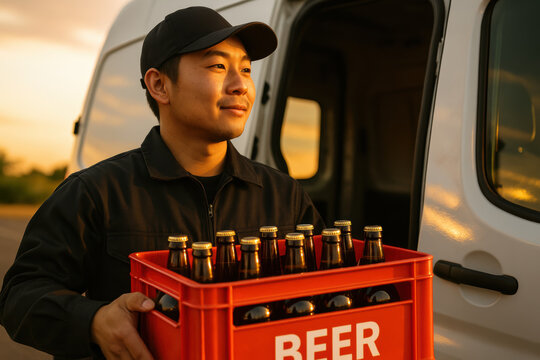Delivery worker carrying crate of beer bottles near van in warm sunlight, beverage distribution, transportation logistics