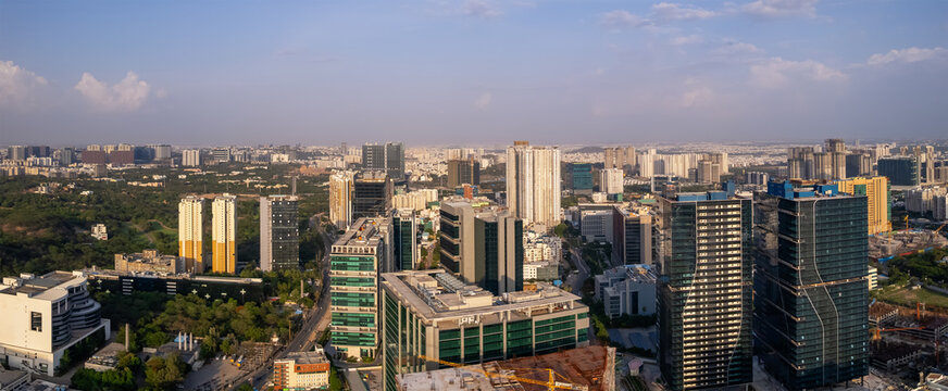 Aerial view of Financial district in Hyderabad, Telangana, India. Home of several technology and financial companies. 