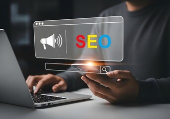 Hand SEO graphic elements, symbolizing search engine optimization strategies for boosting website traffic. Digital marketing, advertising, and SEO agencies.