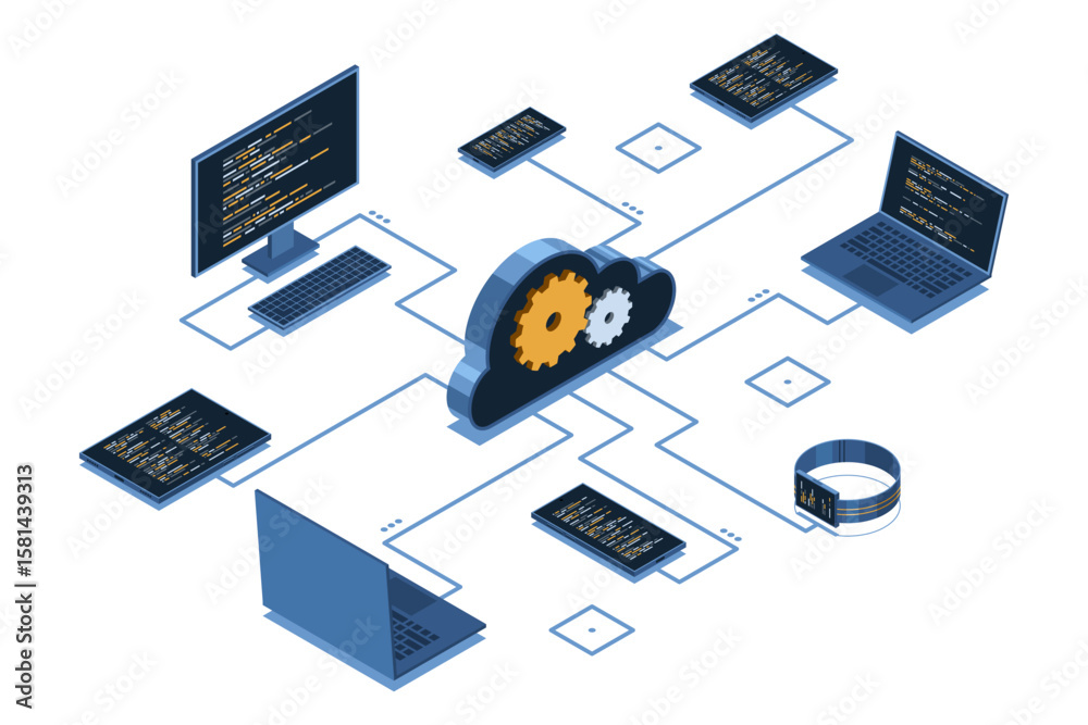 Sticker isometric cloud technology computing. isometric network with computer, laptop, tablet, and smartphon